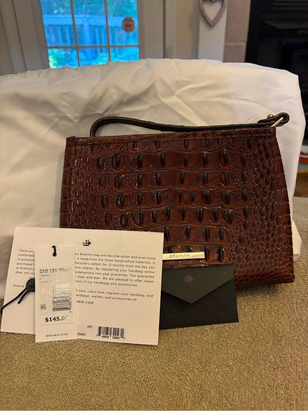 Brahmin Lorelai Pecan Brown Croc-Embossed Leather Wristlet with Gold Accent